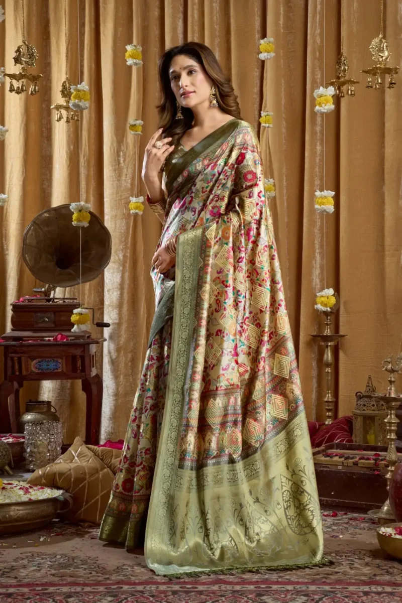 Grey Digital Cluster Printed Saree With banarasi border & Tassels side look