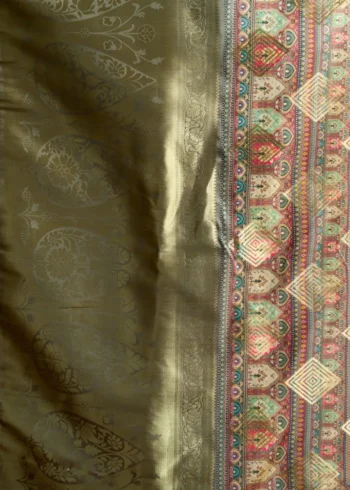 Grey Digital Cluster Printed Saree With banarasi border & Tassels pallu