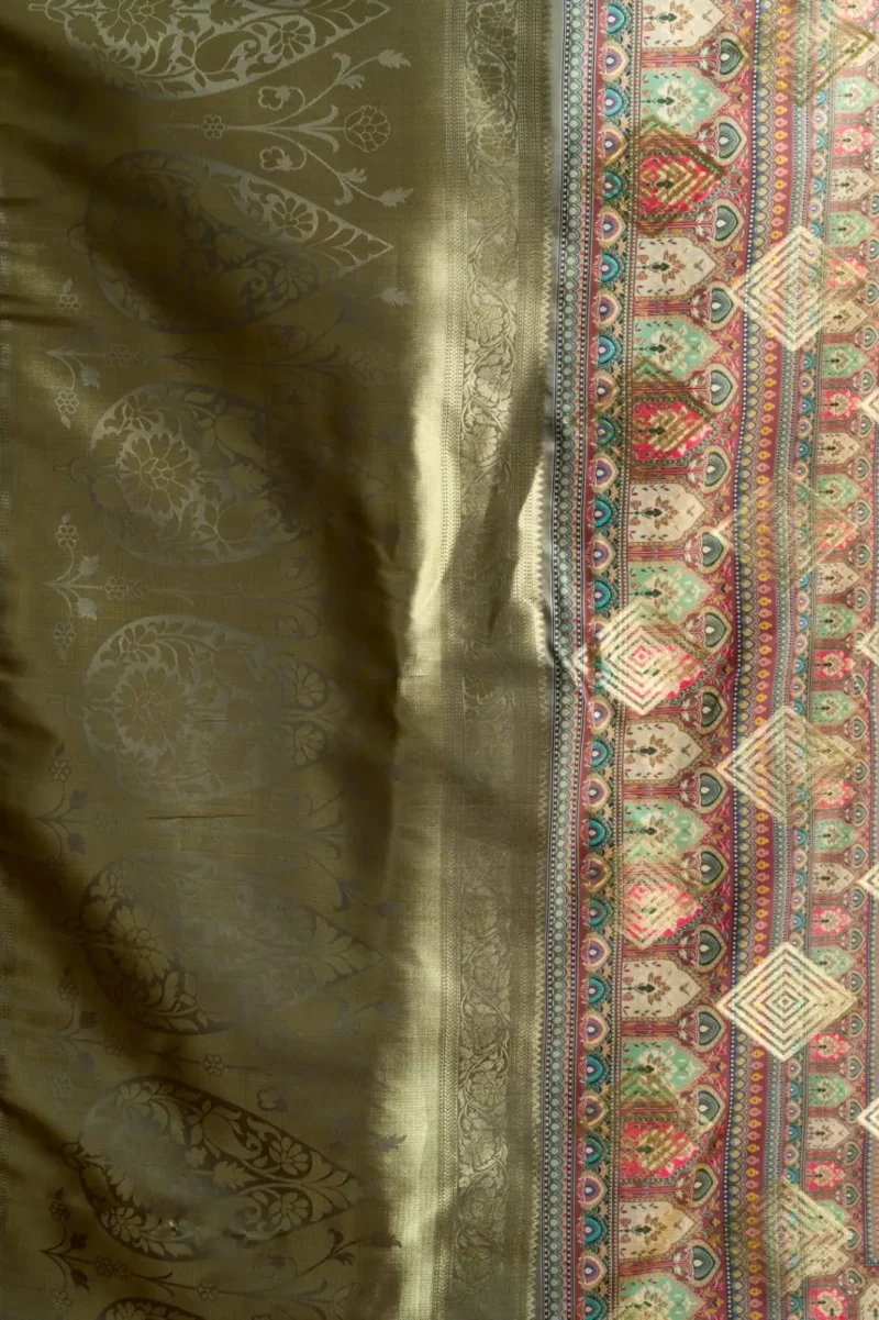 Grey Digital Cluster Printed Saree With banarasi border & Tassels pallu