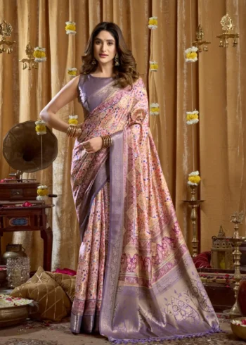Peach Digital Cluster Printed Saree With banarasi border & Tassels front design