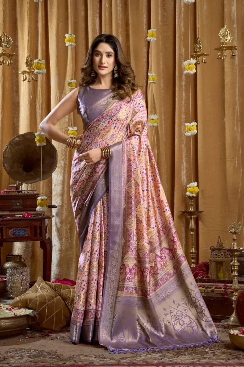 Peach Digital Cluster Printed Saree With banarasi border & Tassels front design