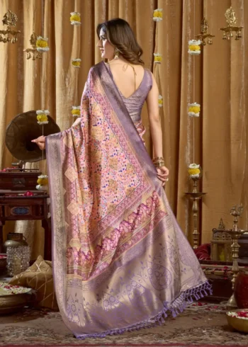 Peach Digital Cluster Printed Saree With banarasi border & Tassels back side look