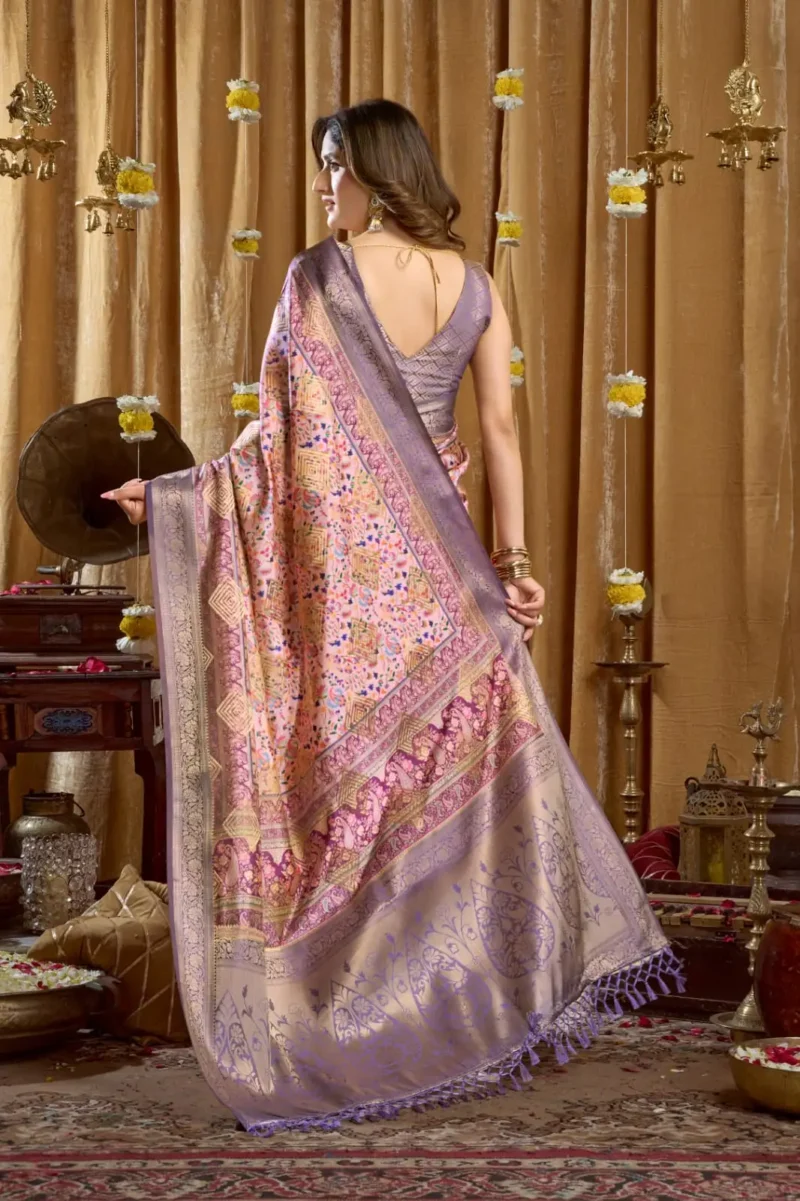 Peach Digital Cluster Printed Saree With banarasi border & Tassels back side look