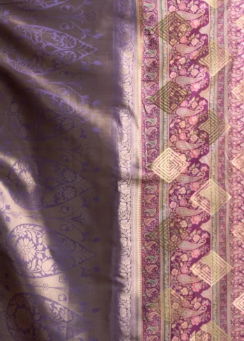 Peach Digital Cluster Printed Saree With banarasi border & Tassels pallu design