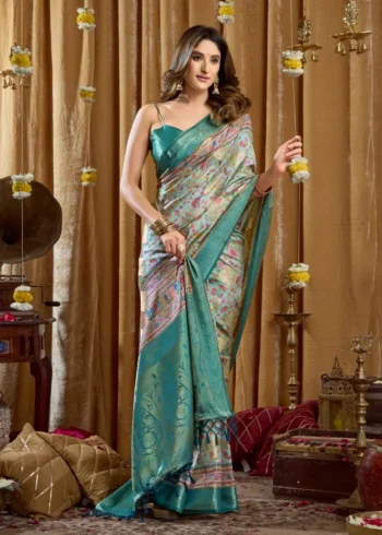 Sky Blue Digital Cluster Printed Saree With banarasi border & Tassels front look