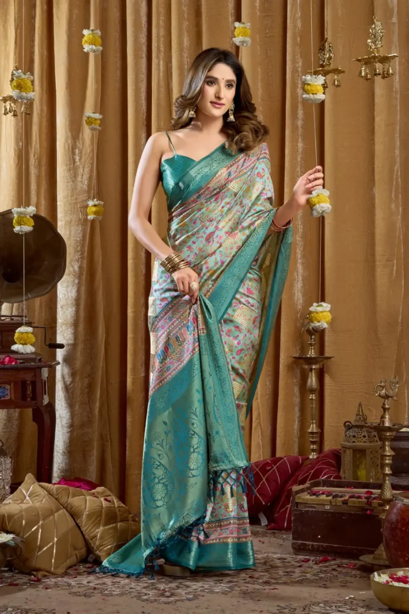 Sky Blue Digital Cluster Printed Saree With banarasi border & Tassels front look