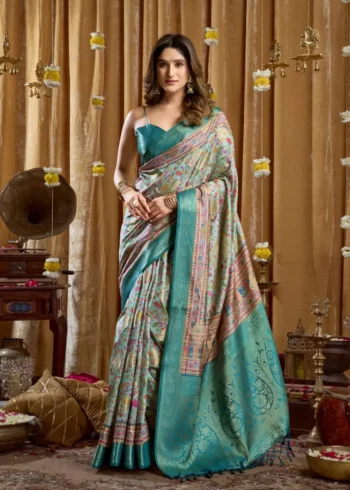 Sky Blue Digital Cluster Printed Saree With banarasi border & Tassels front design