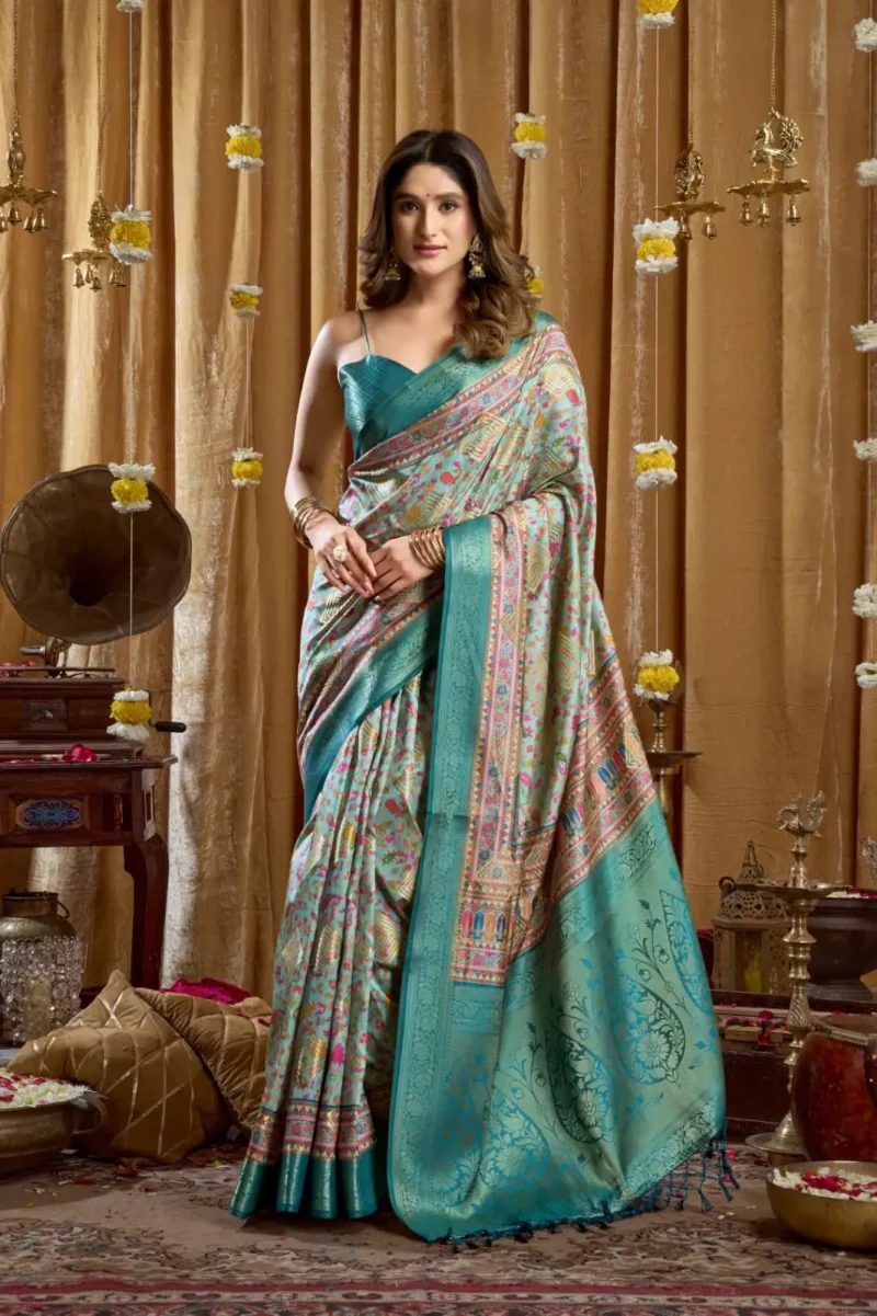 Sky Blue Digital Cluster Printed Saree With banarasi border & Tassels front design