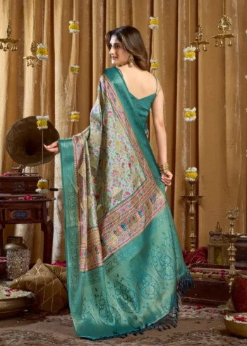 Sky Blue Digital Cluster Printed Saree With banarasi border & Tassels back side design