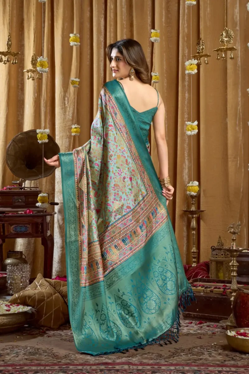 Sky Blue Digital Cluster Printed Saree With banarasi border & Tassels back side design