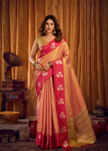 Baby Pink Soft Tissue Saree with Contrast Border & Jhallar front look