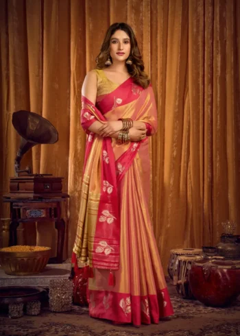 Buy Rajwadi saree 4 Baby Pink Soft Tissue Saree with Contrast Border & Jhallar side pose