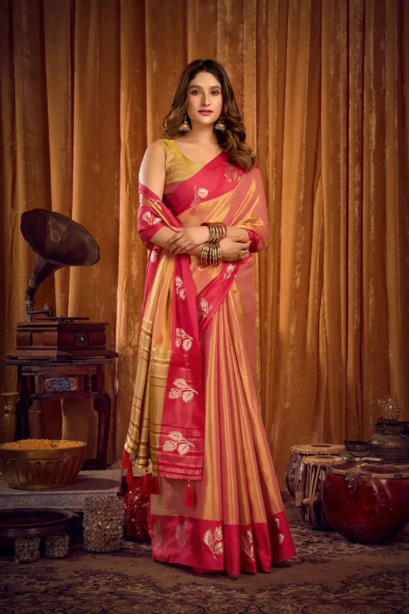 Baby Pink Soft Tissue Saree with Contrast Border & Jhallar side pose