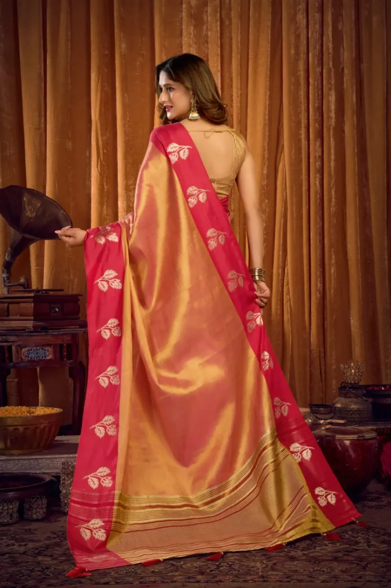 Baby Pink Soft Tissue Saree with Contrast Border & Jhallar back side