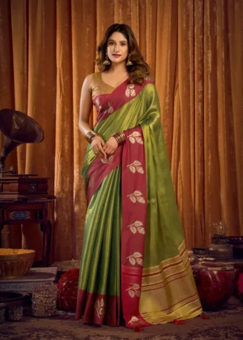 Green Soft Tissue Saree with Contrast Border & Jhallar front