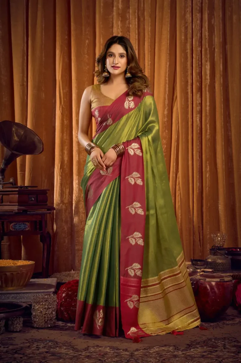 Green Soft Tissue Saree with Contrast Border & Jhallar front