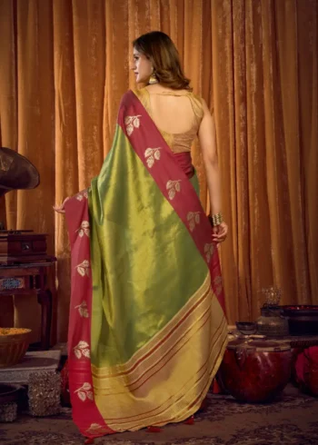 Green Soft Tissue Saree with Contrast Border & Jhallar back side