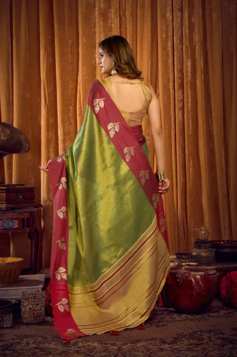 Green Soft Tissue Saree with Contrast Border & Jhallar back side