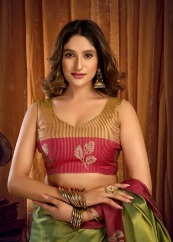 Green Soft Tissue Saree with Contrast Border & Jhallar blouse