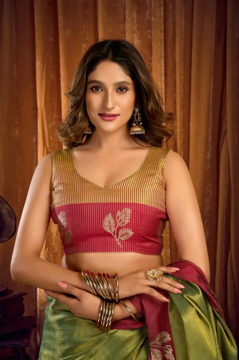 Green Soft Tissue Saree with Contrast Border & Jhallar blouse