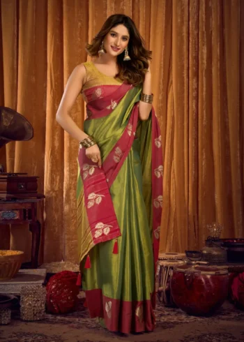 Green Soft Tissue Saree with Contrast Border & Jhallar front look