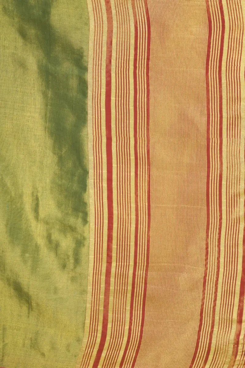 Green Soft Tissue Saree with Contrast Border & Jhallar close pallu