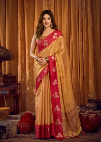 Orange Soft Tissue Saree with Contrast Border & Jhallar front design