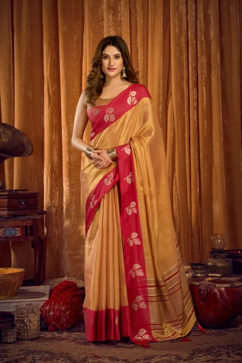 Orange Soft Tissue Saree with Contrast Border & Jhallar front design