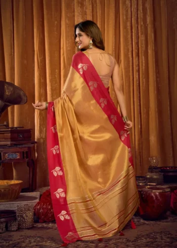 Orange Soft Tissue Saree with Contrast Border & Jhallar back side look