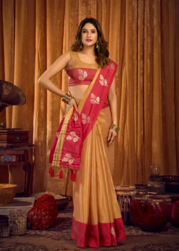 Orange Soft Tissue Saree with Contrast Border & Jhallar front look