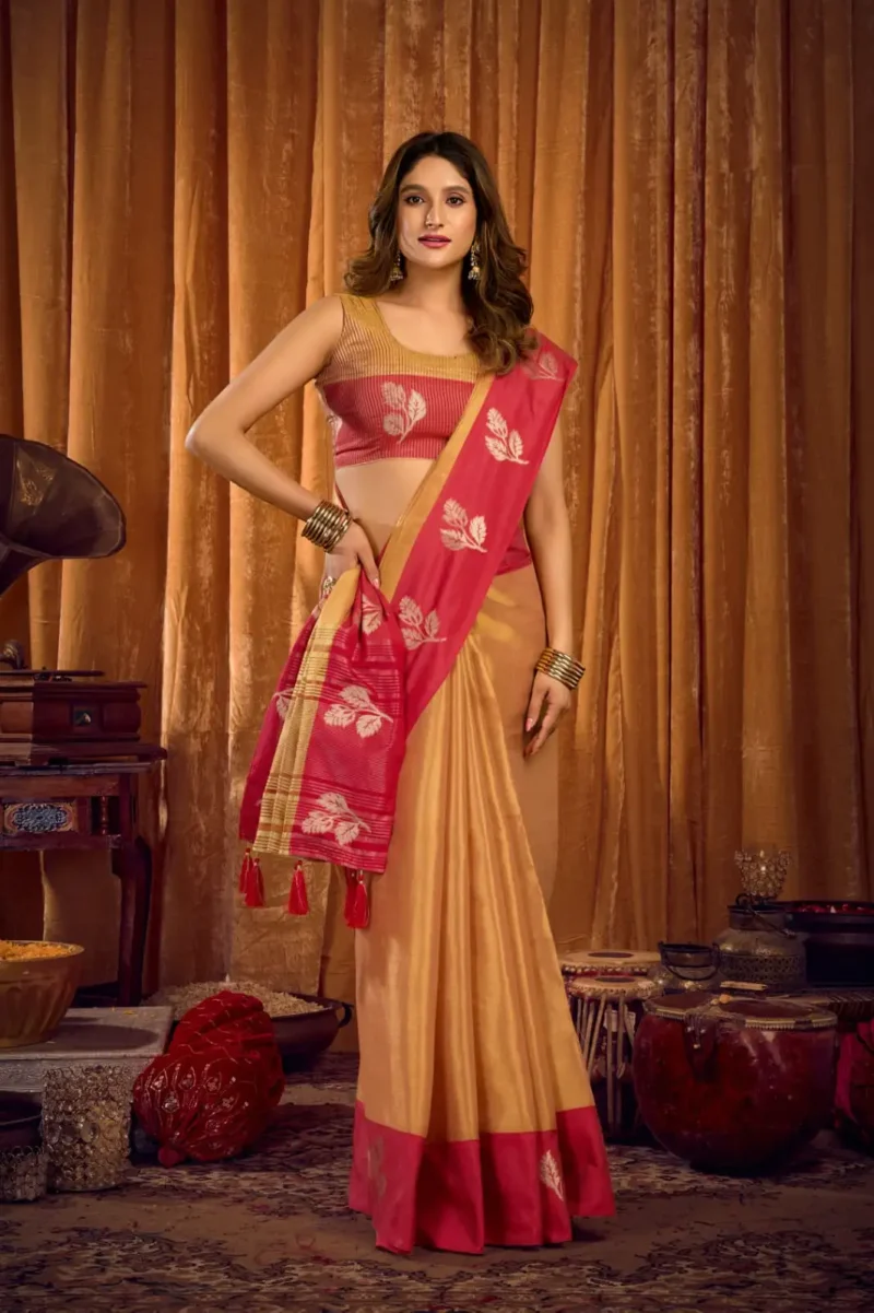 Orange Soft Tissue Saree with Contrast Border & Jhallar front look