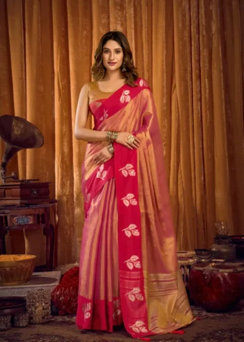 Pink Soft Tissue Saree with Contrast Border & Jhallar front look
