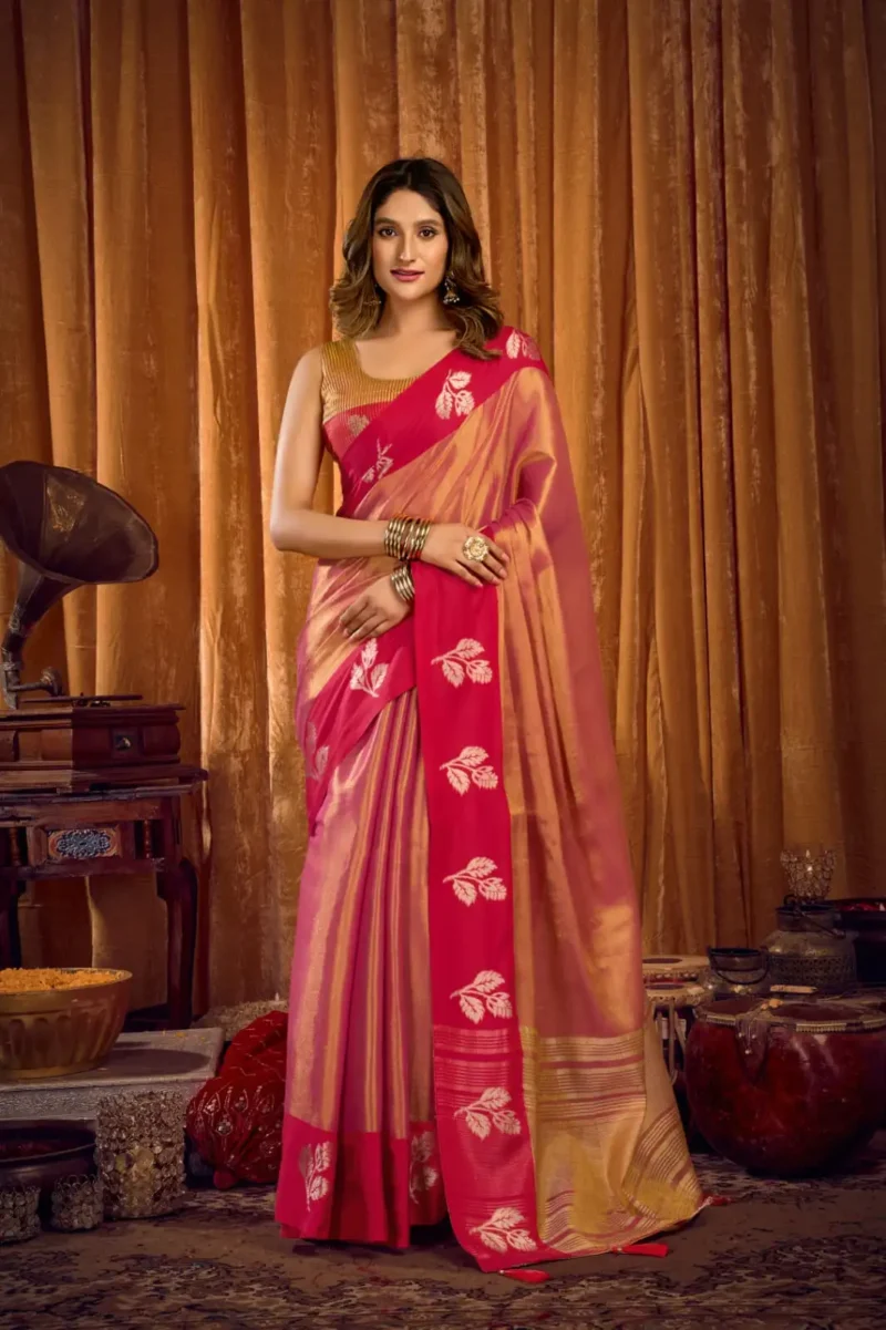 Pink Soft Tissue Saree with Contrast Border & Jhallar front look