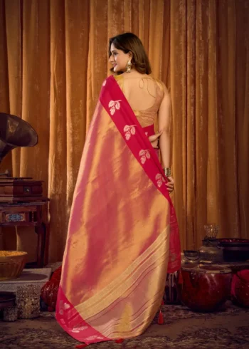 Pink Soft Tissue Saree with Contrast Border & Jhallar back side