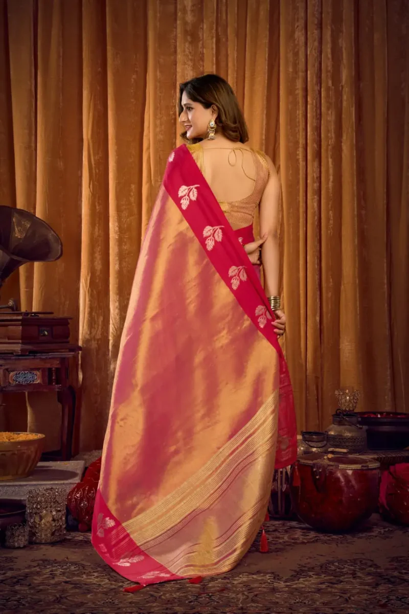 Pink Soft Tissue Saree with Contrast Border & Jhallar back side