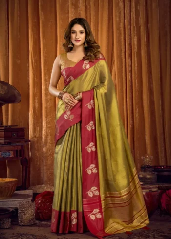 Pista Soft Tissue Saree with Contrast Border & Jhallar front look