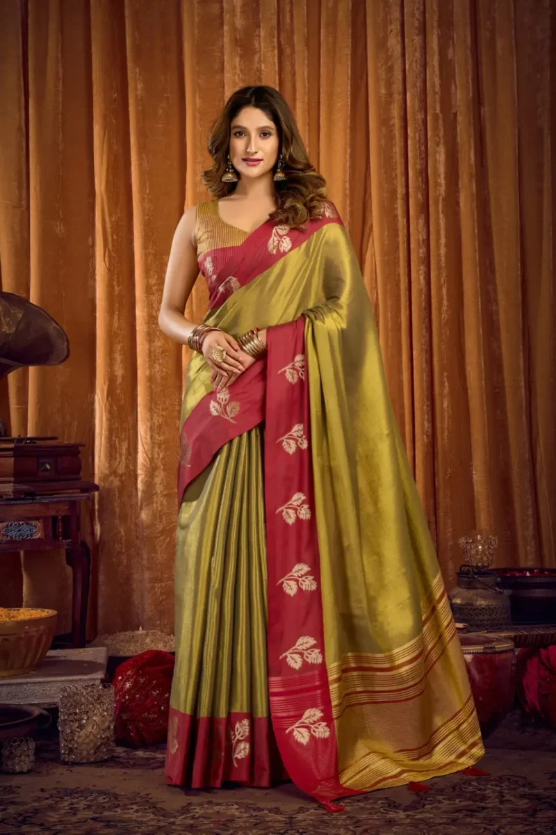 Pista Soft Tissue Saree with Contrast Border & Jhallar front look