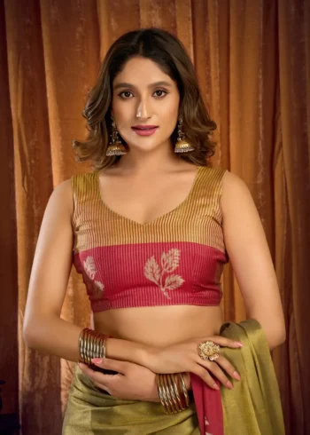 Pista Soft Tissue Saree with Contrast Border & Jhallar blouse look