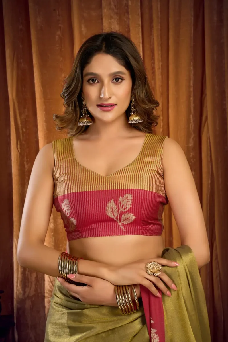 Pista Soft Tissue Saree with Contrast Border & Jhallar blouse look