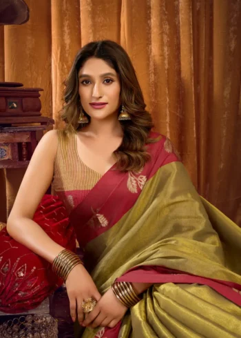 Pista Soft Tissue Saree with Contrast Border & Jhallar close