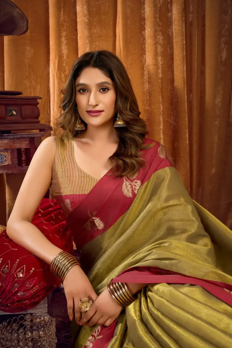 Pista Soft Tissue Saree with Contrast Border & Jhallar close