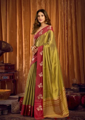 Pista Soft Tissue Saree with Contrast Border & Jhallar side look