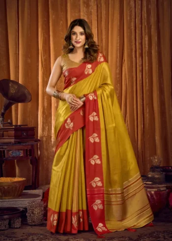 Yellow Soft Tissue Saree with Contrast Border & Jhallar front