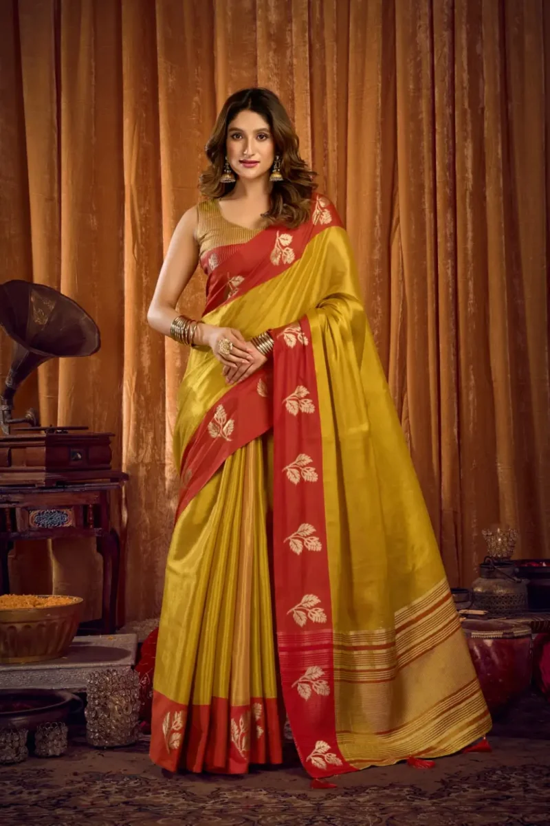 Yellow Soft Tissue Saree with Contrast Border & Jhallar front