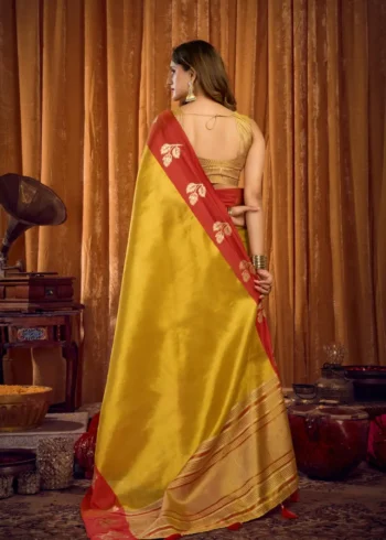 Yellow Soft Tissue Saree with Contrast Border & Jhallar back side