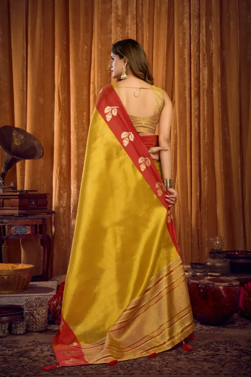 Yellow Soft Tissue Saree with Contrast Border & Jhallar back side