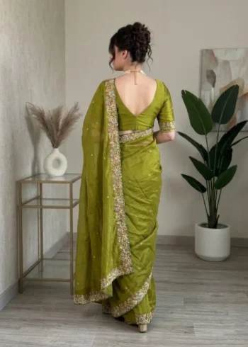 Green Fendy Satin Silk Party Wear Saree with Embroidered Cutwork Border back design