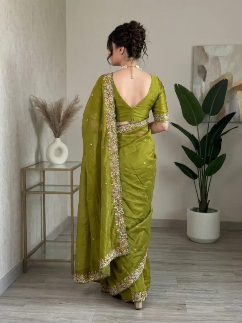 Green Fendy Satin Silk Party Wear Saree with Embroidered Cutwork Border back design