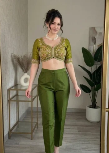 Green Fendy Satin Silk Party Wear Saree with Embroidered Cutwork Border blouse look