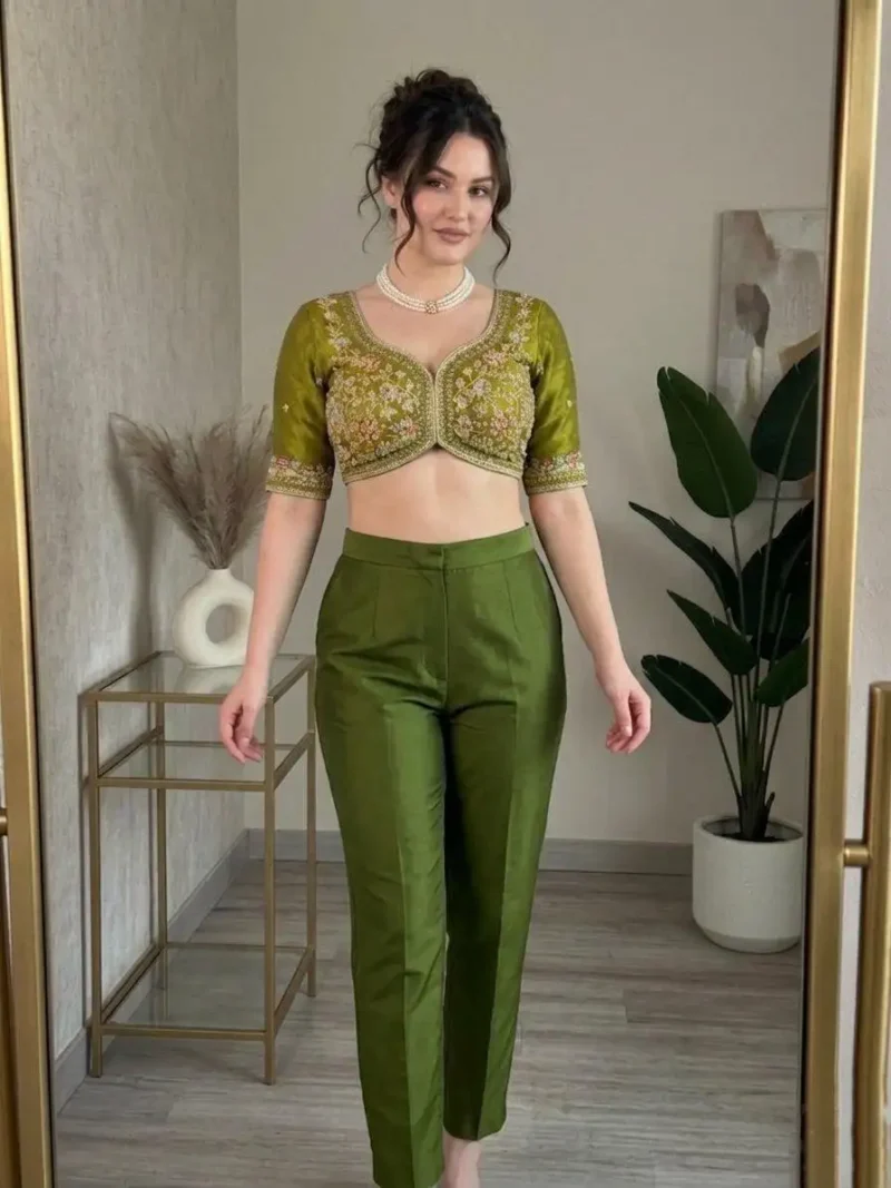 Green Fendy Satin Silk Party Wear Saree with Embroidered Cutwork Border blouse look